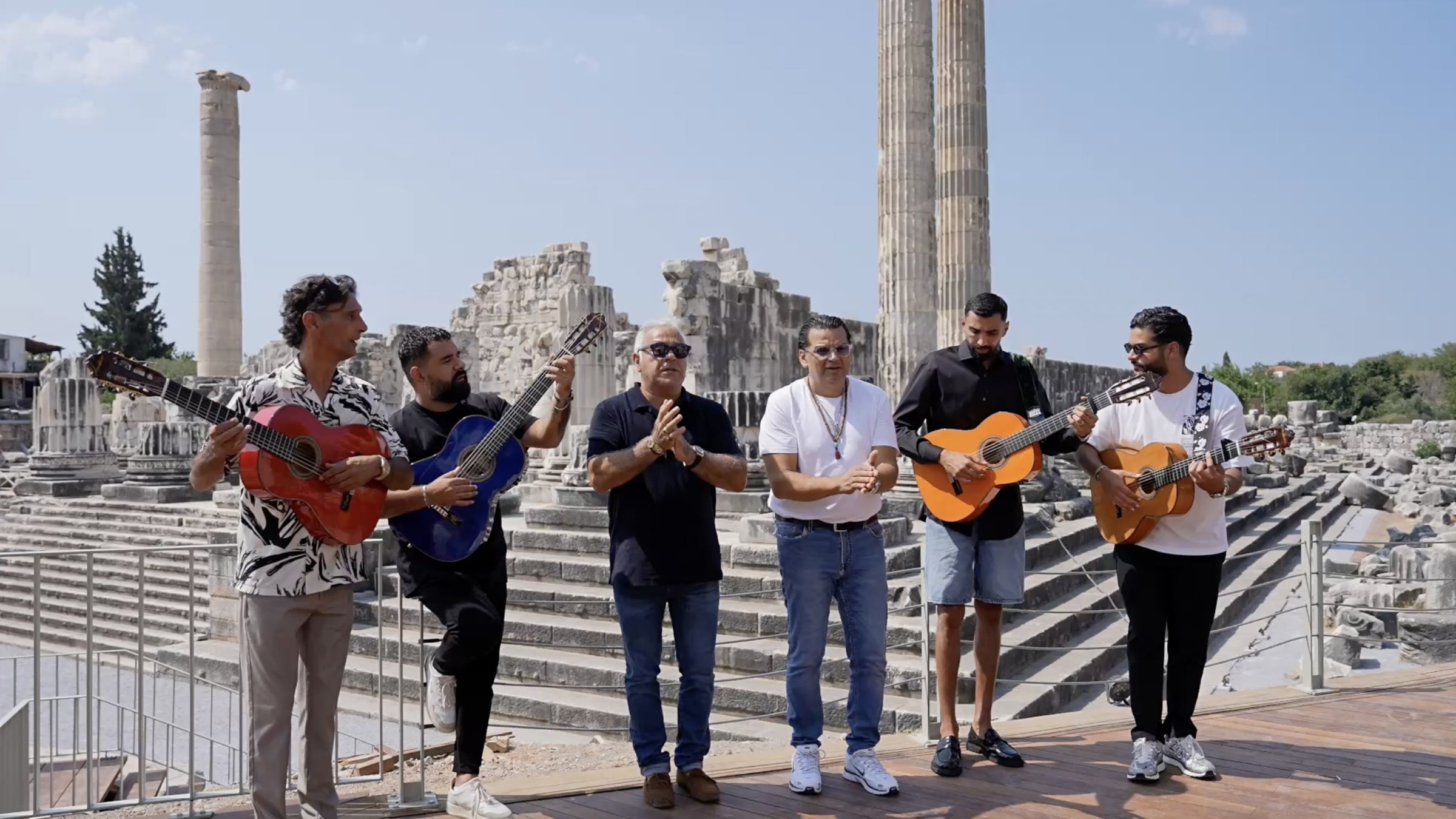 Gipsy Kings shoot a music video at the Temple of Apollo in Didim, Aydın, Türkiye, Aug. 6, 2025. (AA Photo)