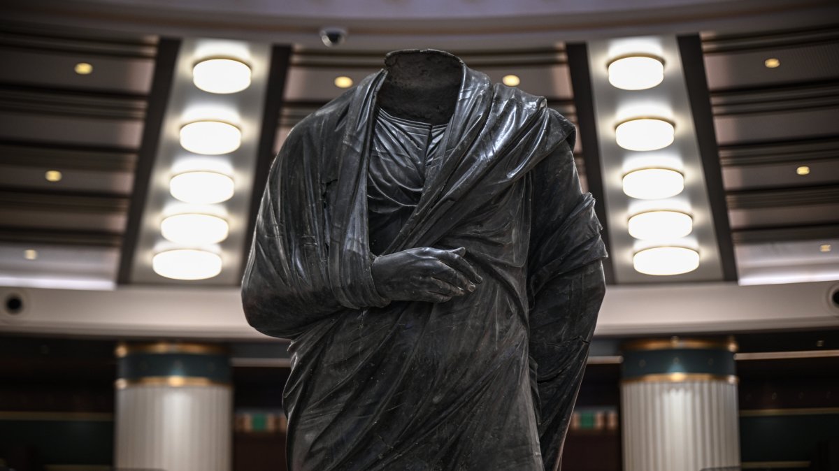 A bronze statue of Roman Emperor Marcus Aurelius is displayed at the Presidential Complex, Ankara, Türkiye, Aug. 5, 2025. (AA Photo)