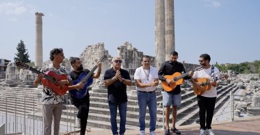Gipsy Kings shoot a music video at the Temple of Apollo in Didim, Aydın, Türkiye, Aug. 6, 2025. (AA Photo)