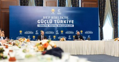 Justice and Development Party (AK Party) deputies Ahmet Büyükgümüş (L) and Faruk Acar (R) hold a news conference, Ankara, Türkiye, Aug. 6, 2025. (DHA Photo)