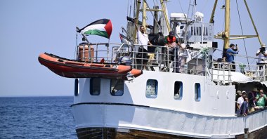 The Freedom Flotilla Coalition’s new ship “Handala,” aiming to deliver humanitarian aid to Gaza, departs from the port of Gallipoli after a technical stop, Gallipoli, southern Italy, July 20, 2025. (AA Photo)