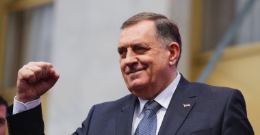 President of Republika Srpska Milorad Dodik greets supporters in Banja Luka, Bosnia-Herzegovina, Feb. 26, 2025. (EPA Photo)