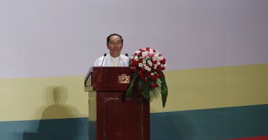Myanmar&#039;s President Myint Swe (then vice president) speaks during the closing event of the 2014 Myanmar Population and Housing Census ceremony, Naypyitaw, Myanmar, Dec. 14, 2017. (EPA Photo)