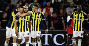 Fenerbahçe&#039;s Sofyan Amrabat (2nd L) is congratulated by his teammates after scoring a goal during the UEFA Champions League 3rd round first leg football match against Feyenoord at the Feyenoord Stadium, Rotterdam, Aug. 6, 2025. (AFP Photo)