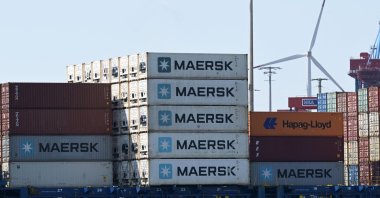 Cargo shipping containers sit on a ship of the Danish company Maersk docked at a terminal in the harbor, Hamburg, Germany, June 3, 2025. (AFP Photo)
