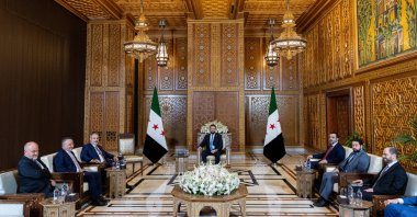 The Turkish delegation, led by Foreign Minister Hakan Fidan (C-L), meets with Syrian interim President Ahmed al-Sharaa (C) and Syrian officials, Damascus, Syria, Aug. 7, 2025. (AA Photo)