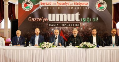NGO representatives from the Palestine Solidarity Platform attend a news conference in Istanbul, Aug. 7, 2025. (DHA Photo)