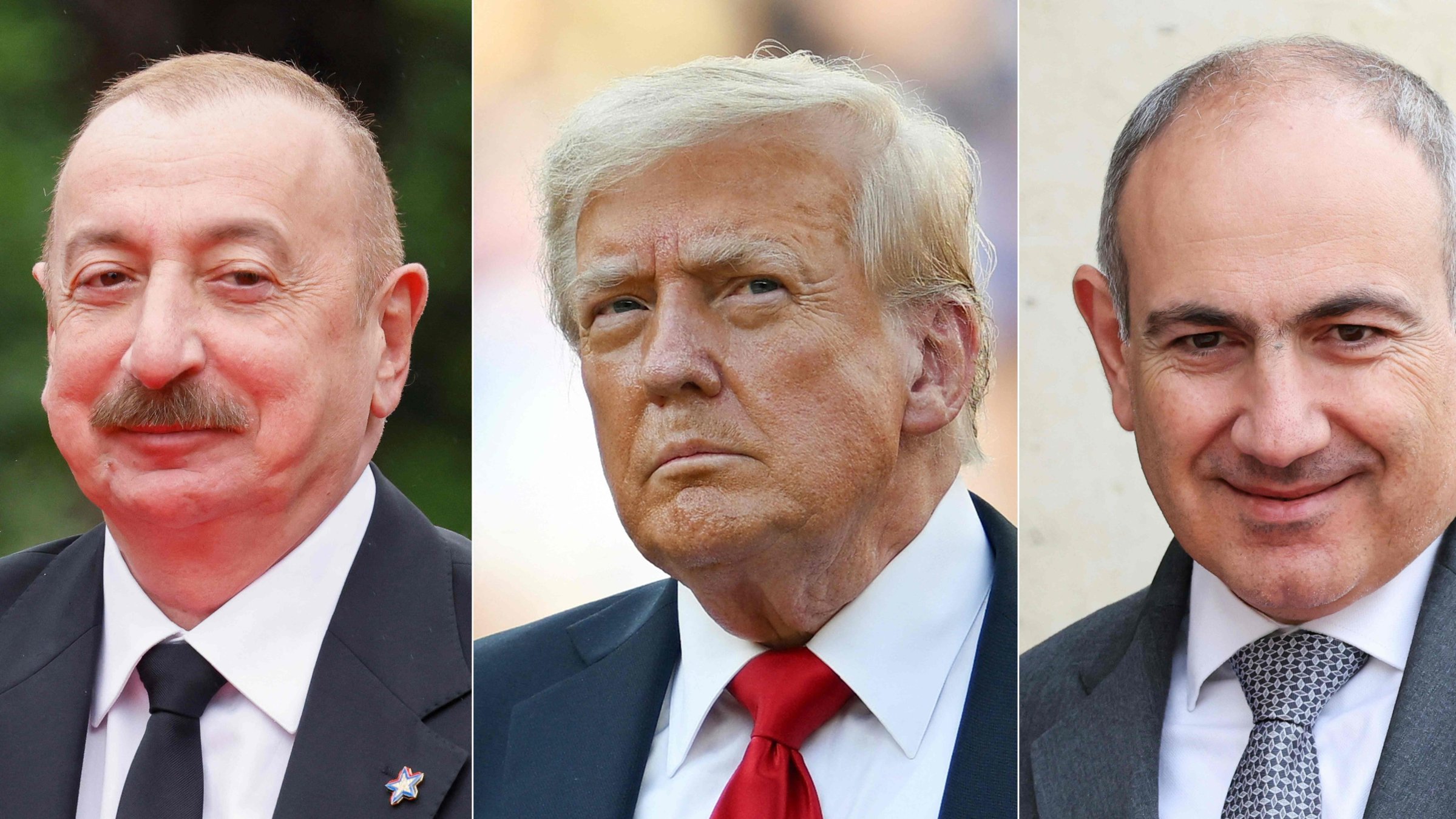 This combination of pictures created on Aug. 7, 2025, shows Azerbaijani President Ilham Aliyev (L) in Tirana on May 16, 2025, U.S. President Donald Trump (C) in East Rutherford, New Jersey, on July 13, 2025, and Armenian Prime Minister Nikol Pashinyan (R) in Paris on July 14, 2025. (AFP Photo)