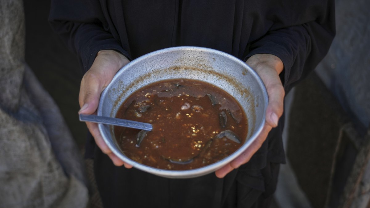 Palestinian woman Sally Muzhed, displaced from Deir al-Balah, poses for a picture holding a plate with eggplant, her only food for the day, amid severe food shortages in Deir al-Balah, Gaza Strip, Palestine, Aug. 4, 2025. (AP Photo)