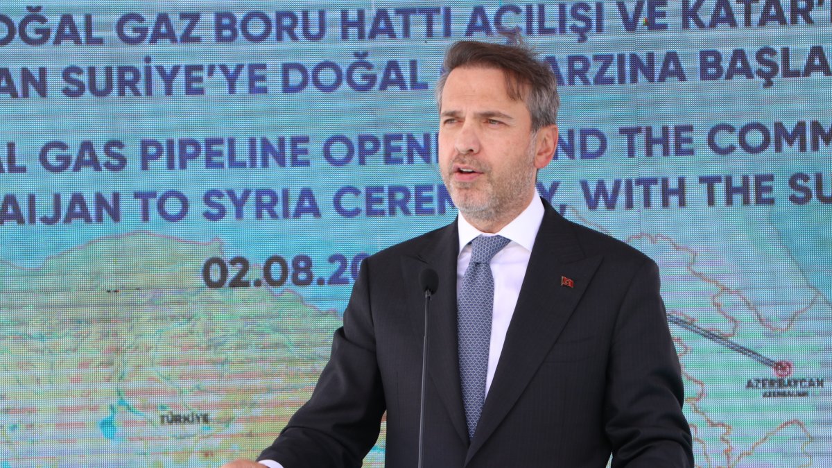 Energy and Natural Resources Alparslan Bayraktar speaks during the Türkiye-Syria Natural Gas Pipeline opening, Kilis, Türkiye, Aug. 2, 2025. (AA Photo)