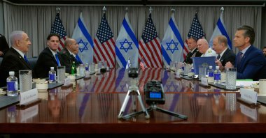 U.S. Secretary of Defense Pete Hegseth (R) and Israeli Prime Minister Benjamin Netanyahu sit down for a meeting at the Pentagon, Virginia, U.S., July 9, 2025. (AFP Photo)