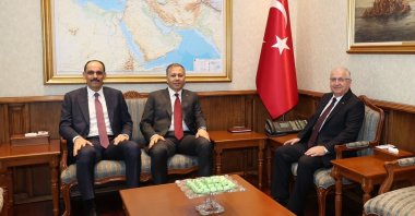 Defense Minister Yaşar Güler (R) receives Interior Minister Ali Yerlikaya (C) and National Intelligence Organization (MIT) Director Ibrahim Kalın (L) ahead of the terror-free Türkiye committee meeting, at the Defense Ministry, Ankara, Türkiye, Aug. 8, 2025. (IHA Photo)