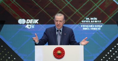 President Recep Tayyip Erdoğan speaks at Foreign Economic Relations Board’s (DEIK) 38th Ordinary Financial General Assembly and Masters of Respect Award Ceremony in Istanbul, Aug. 8, 2025. (AA Photo)