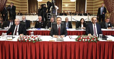 Defense Minister Yaşar Güler (L), Interior Minister Ali Yerlikaya (C) and National Intelligence Organization (MIT) Chair Ibrahim Kalın attend the parliamentary committee meeting, Ankara, Türkiye, Aug. 8, 2025. (AA Photo)