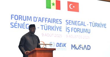 Senegalese Prime Minister Ousmane Sonko delivers a speech at a business forum, Istanbul, Türkiye, Aug. 9, 2025. (AA Photo)