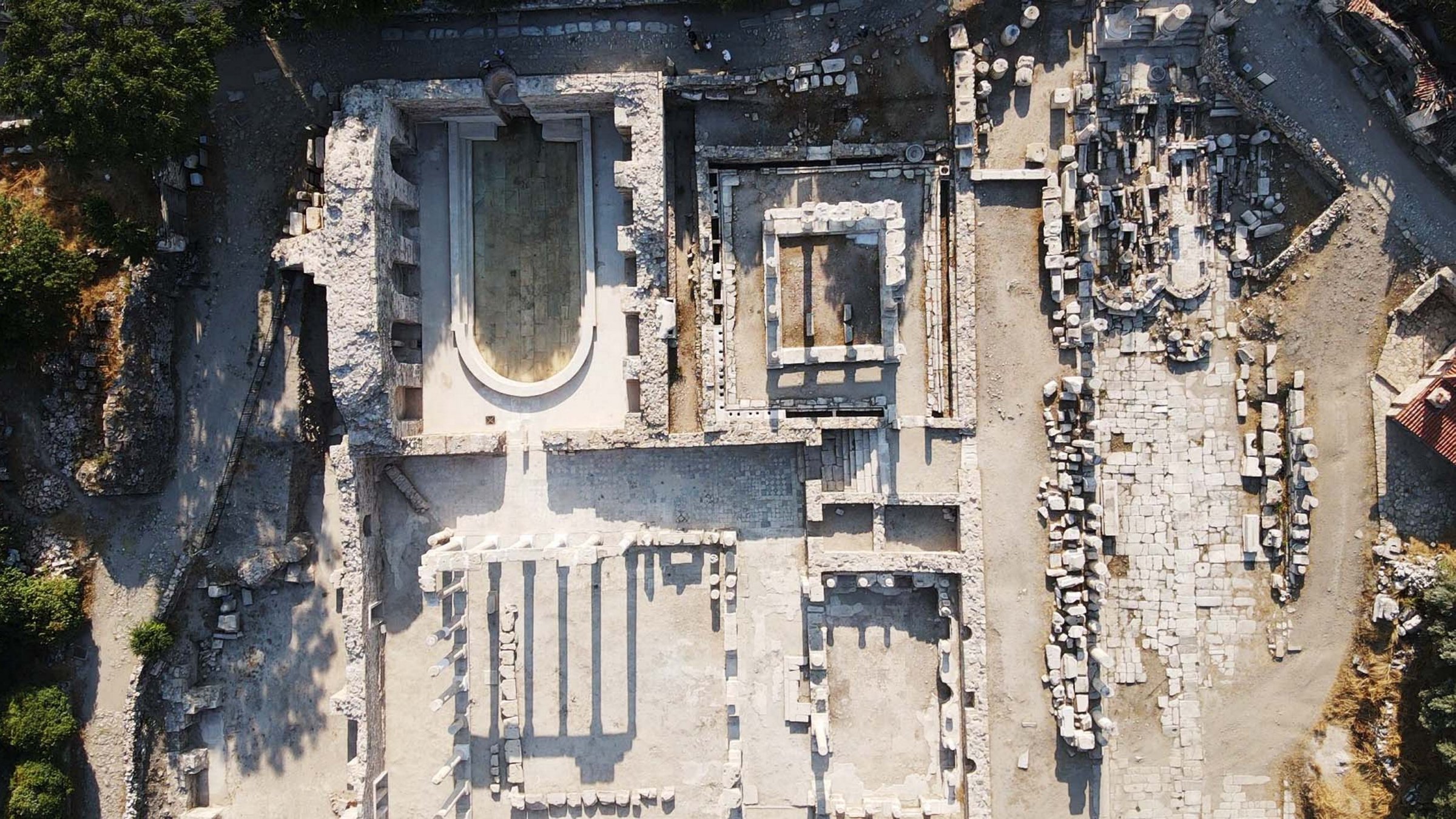 An aerial view of Stratonikeia showing the Roman bath where water has returned after 1,900 years in Muğla, Türkiye, Aug. 10, 2025. (AA Photo)