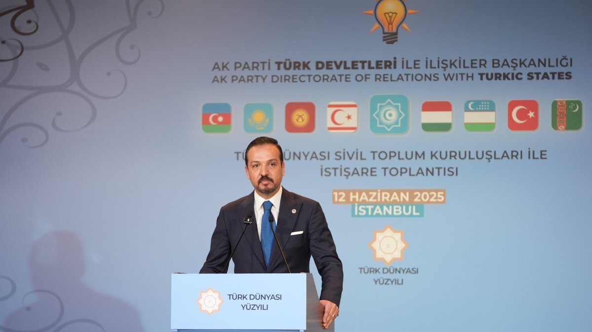 Justice and Development Party (AK Party) Deputy Chairperson and head of relations with Turkic States Kürşad Zorlu speaks at a meeting on the Turkic states, Istanbul, Türkiye, June 12, 2025. (AA Photo)