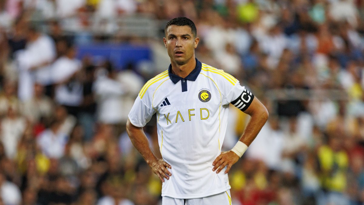 Al Nassr&#039;s Cristiano Ronaldo looks on during the preseason friendly match against Rio Ave FC at Estadio Algarve, Faro, Portugal, Aug. 7, 2025. (Getty Images Photo)