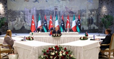 President Recep Tayyip Erdoğan (C), Italian Prime Minister Giorgia Meloni (L) and Prime Minister of the Libyan Government of National Unity Abdul Hamid Mohammed Dbeibah attend a meeting during the Türkiye-Italy-Libya Cooperation Summit, Istanbul, Türkiye, Aug. 1, 2025. (İHA Photo)