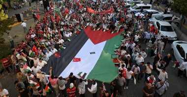 A view of protesters holding a Palestinian flag during their march, Ankara, Türkiye, Aug. 10, 2025. (AA Photo)