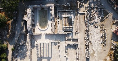 An aerial view of Stratonikeia showing the Roman bath where water has returned after 1,900 years in Muğla, Türkiye, Aug. 10, 2025. (AA Photo)
