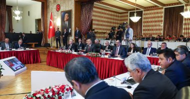 Defense Minister Yaşar Güler, Interior Minister Ali Yerlikaya and National Intelligence Organization (MIT) Chair Ibrahim Kalın attend the parliamentary committee meeting, Ankara, Türkiye, Aug. 8, 2025. (AA Photo)