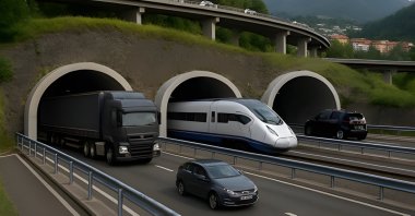 This illustration photo shows vehicles and a train passing through tunnels as part of the planned Dörtyol-Hassa Highway and Railway Project. (DHA Photo)