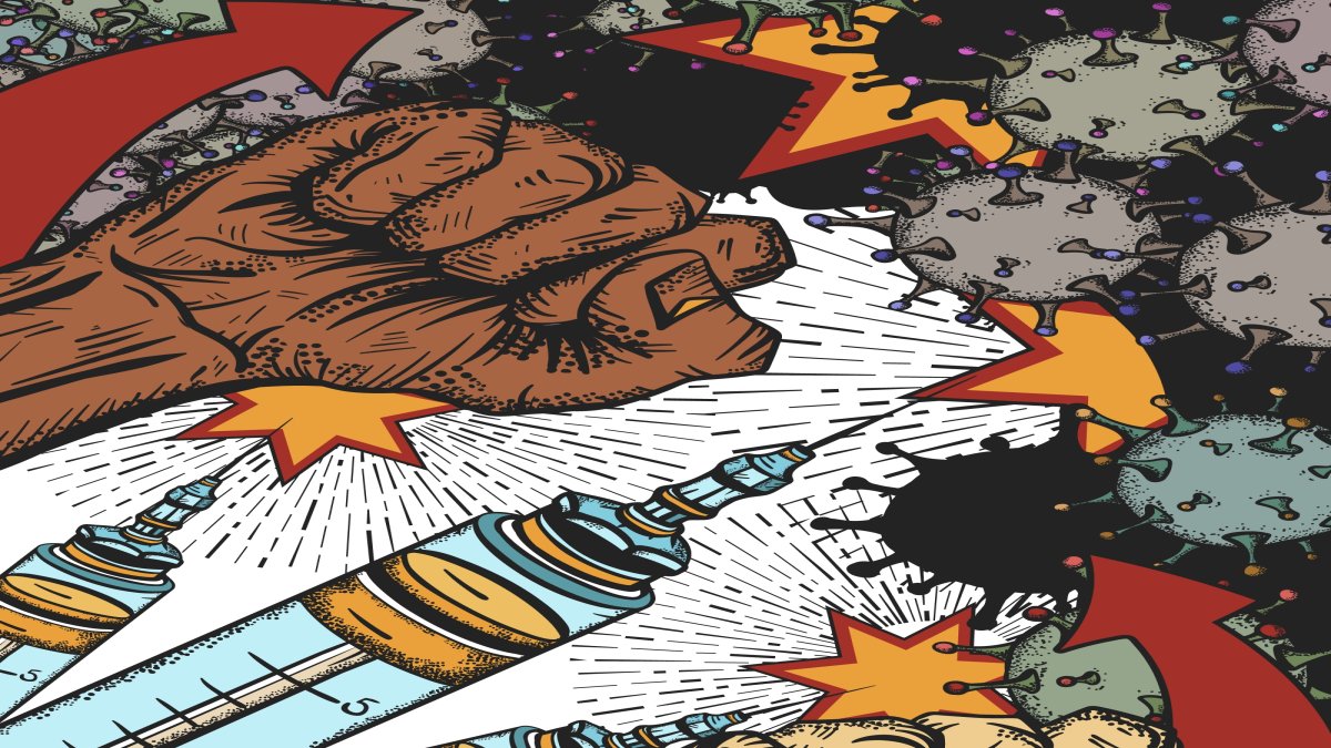 A coronavirus poster with syringes and fists.