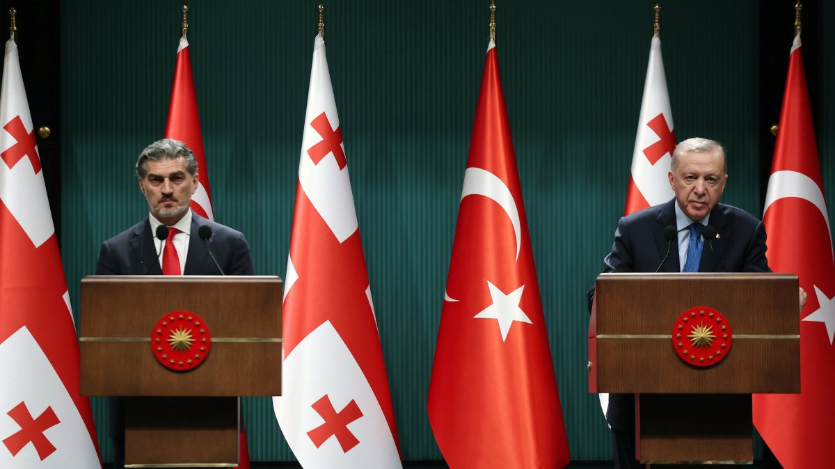 President Recep Tayyip Erdoğan and Georgian President Mikheil Kavelashvili attend a joint news conference in Ankara, Tuesday, Aug. 12, 2025. (AA Photo)