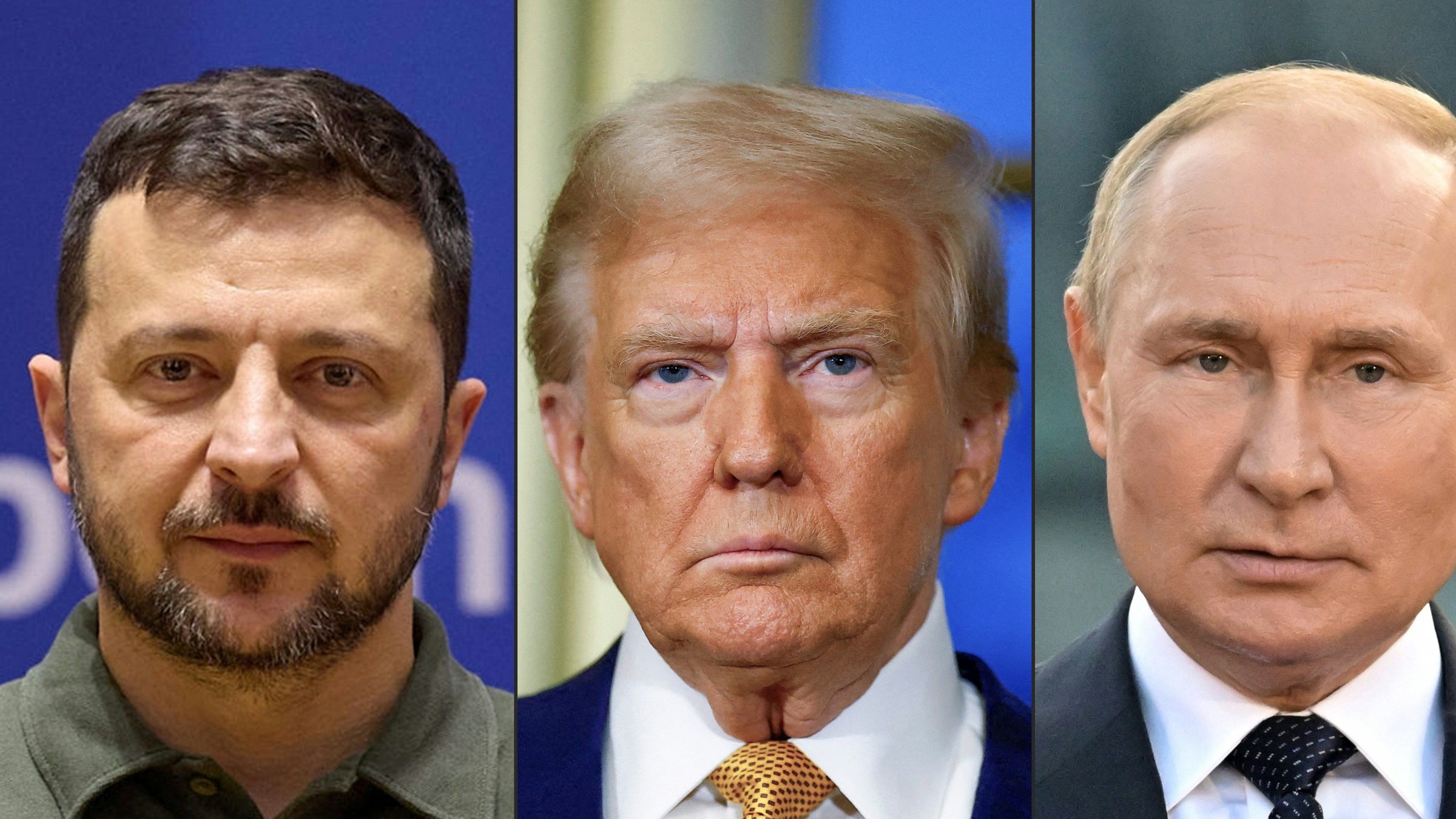 This combination of file photographs created on Aug.8, 2025, shows (From L) Ukrainian President Volodymyr Zelenskyy, U.S. President Donald Trump and Russian President Vladimir Putin. (AFP File Photo)