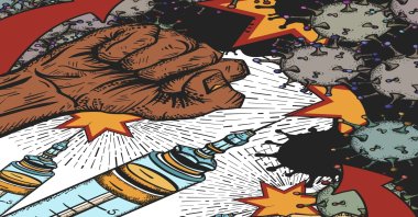 A coronavirus poster with syringes and fists.