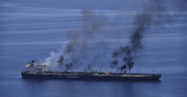 This photo released by the European Union&#039;s Operation Aspides shows fires burning aboard the oil tanker Sounion in the Red Sea, Aug. 25, 2024. (AP Photo) 
