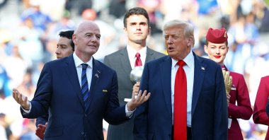 U.S. President Donald Trump (R) and FIFA President Gianni Infantino during the FIFA Club World Cup trophy presentation at the MetLife Stadium, East Rutherford, New Jersey, U.S., July 13, 2025. (Reuters Photo)