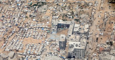 An aerial view from a Jordanian military aircraft shows the devastation caused by Israeli attacks in the Gaza Strip, before humanitarian aid is airdropped over it, Aug. 9, 2025. (Reuters Photo)