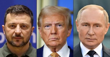 This combination of file photographs created on Aug.8, 2025, shows (From L) Ukrainian President Volodymyr Zelenskyy, U.S. President Donald Trump and Russian President Vladimir Putin. (AFP File Photo)