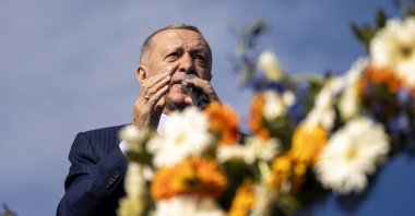 President Recep Tayyip Erdoğan, the AK Party&#039;s chairperson, delivers a speech during a campaign rally ahead of the nationwide municipality elections, Istanbul, Türkiye, March 24, 2024. (AP Photo)