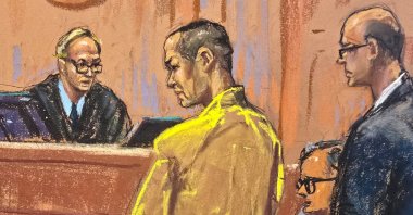 Do Kwon, a South Korean cryptocurrency executive charged with fraud, stands with his attorney David Patton to plead guilty in front of U.S. District Judge Paul Engelmayer in New York City, New York, U.S., Aug. 12, 2025, in this courtroom sketch. (Reuters Photo)