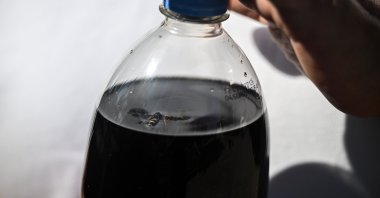 A dead bee is seen inside a bottle of soda purchased by the Kubilay family in Sincan, Ankara, Türkiye, Aug. 13, 2025. (AA Photo)