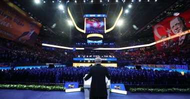 President Recep Tayyip Erdoğan addresses the Justice and Development Party&#039;s (AK Party) Istanbul congress, Istanbul, Türkiye, Feb. 7, 2025. (AA Photo)