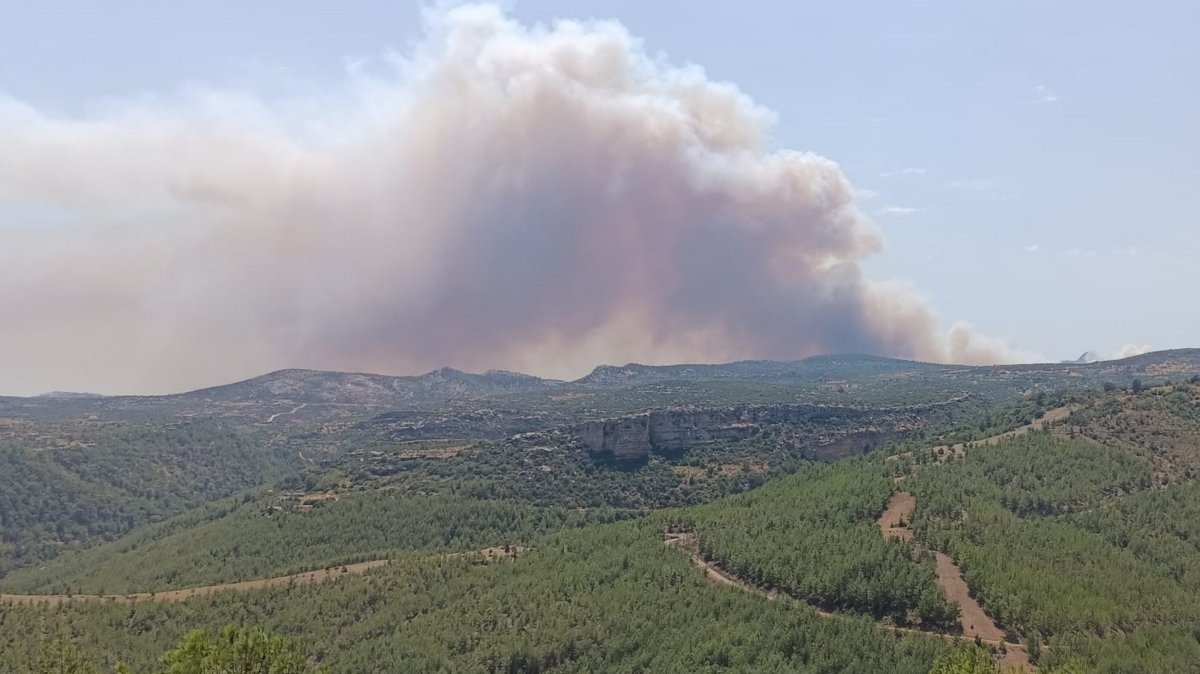 An aerial view shows a forest fire in Silifke, Mersin, southern Türkiye, Aug. 14, 2025. (AA Photo)
