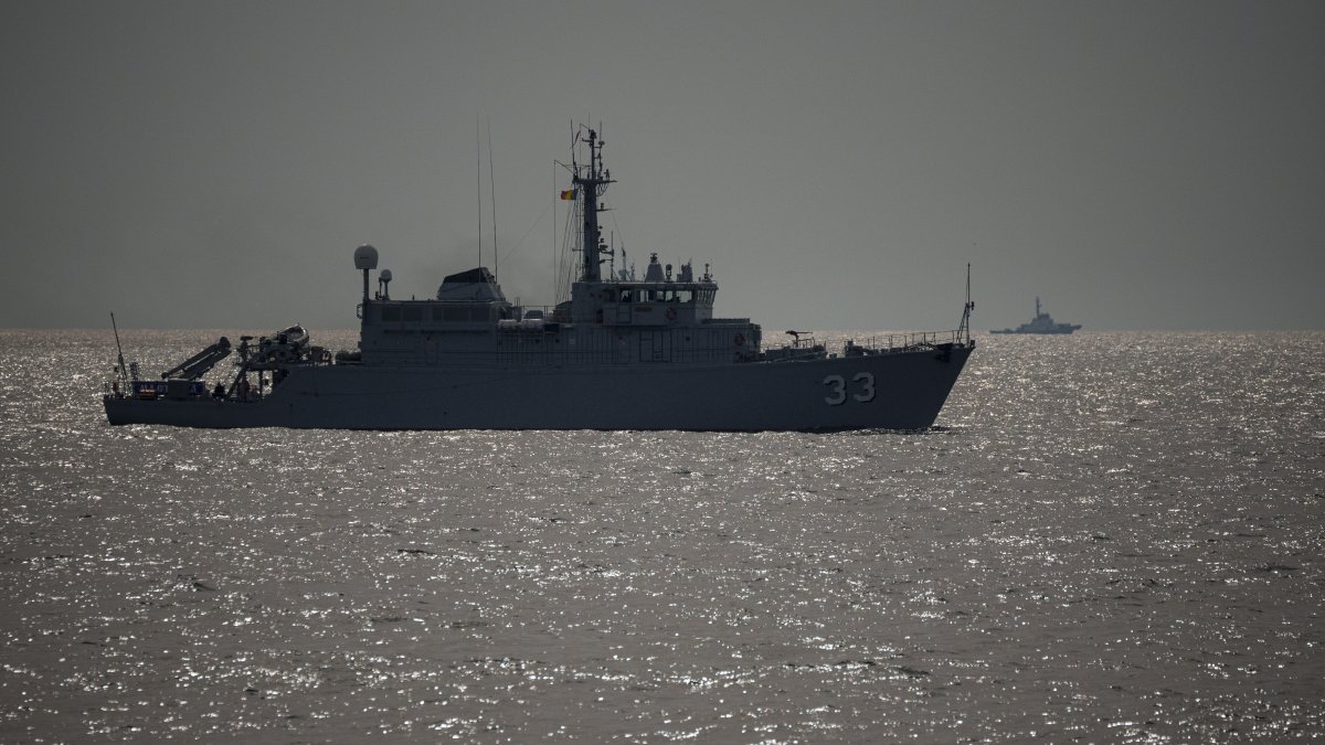 A warship sails during a Romanian Navy-led exercise outside Constanta, Romania, April 16, 2024. (AP File Photo)