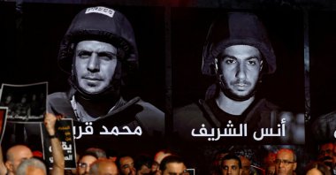 Al-Jazeera staff members gather at the network’s studios to remember their colleagues killed in Gaza City by an Israeli strike, Doha, Qatar, Aug. 11, 2025. (Reuters Photo)