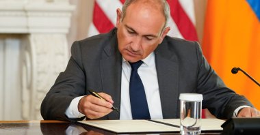 Armenian Prime Minister Nikol Pashinyan attends the signing ceremony during the peace summit with Azerbaijan in the State Dining Room of the White House, Washington, U.S., Aug. 8, 2025. (EPA Photo)
