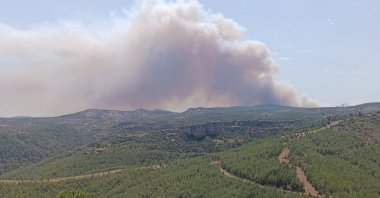 An aerial view shows a forest fire in Silifke, Mersin, southern Türkiye, Aug. 14, 2025. (AA Photo)