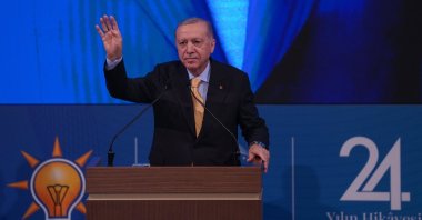 President Recep Tayyip Erdoğan is seen at a party program, Ankara, Türkiye, Aug. 14, 2025. (AA Photo)