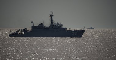 A warship sails during a Romanian Navy-led exercise outside Constanta, Romania, April 16, 2024. (AP File Photo)