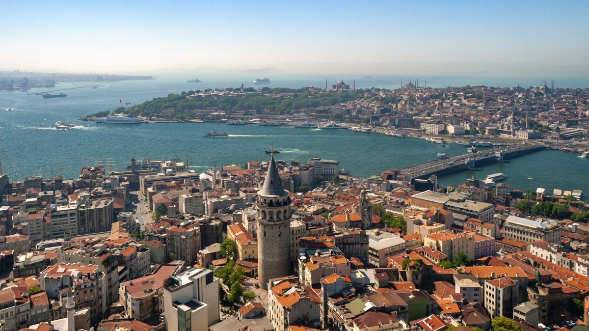 A drone-captured aerial view shows the Bosporus with the historic Galata Tower in the center, Istanbul, Türkiye, Sept. 22, 2025. (Getty Images Photo)
