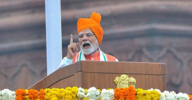 India&#039;s Prime Minister Narendra Modi addresses the nation during Independence Day celebrations at the historic Red Fort, New Delhi, India, Aug.15, 2025. (AA Photo)