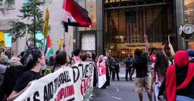 Protestors march past Trump Tower as they take part in the &quot;Rise Up for Gaza&quot; demonstration against Israel&#039;s war in Gaza, New York City, U.S., Aug. 8, 2025. (Reuters Photo)