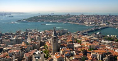 A drone-captured aerial view shows the Bosporus with the historic Galata Tower in the center, Istanbul, Türkiye, Sept. 22, 2025. (Getty Images Photo)